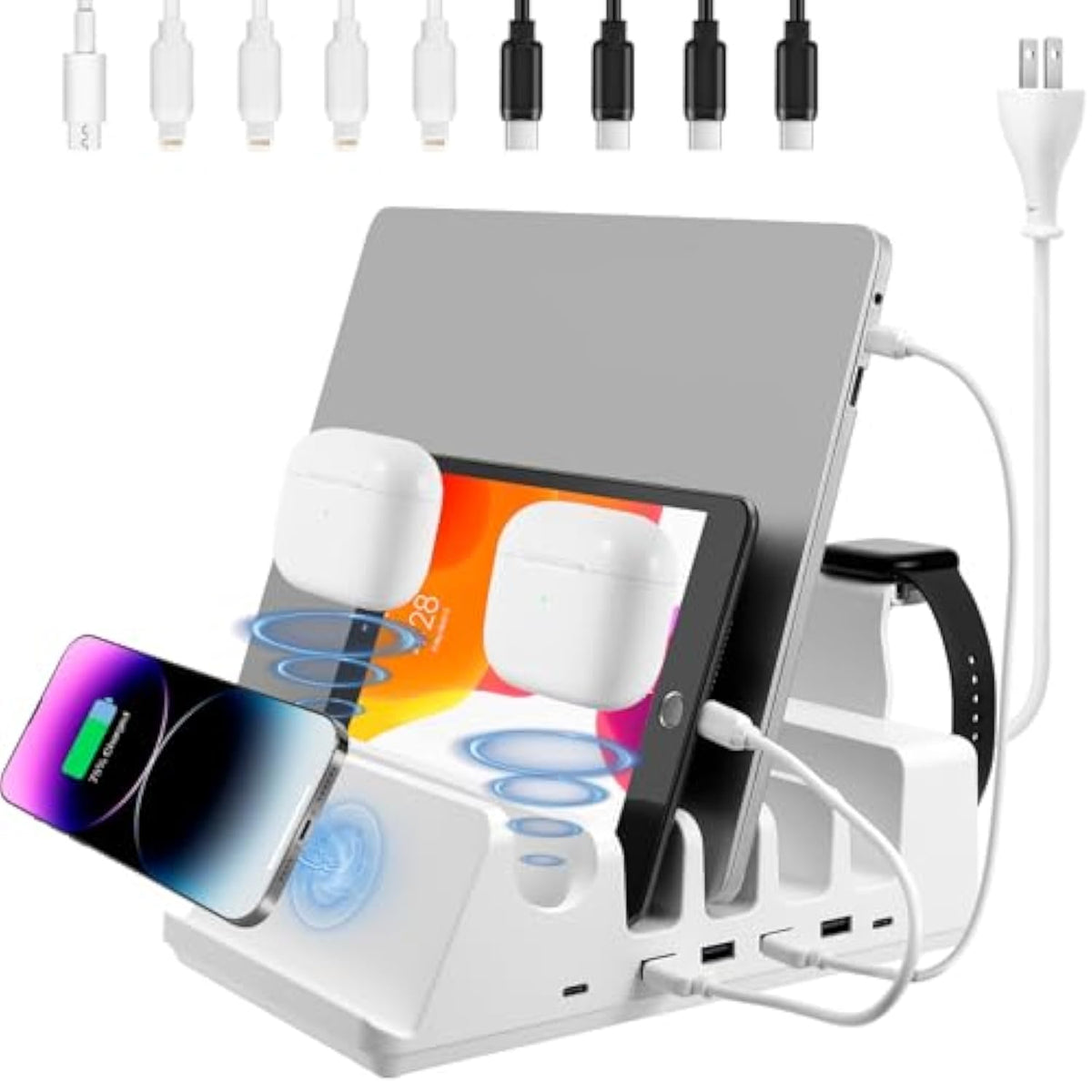 150W Family Charging Station, With Usb & Usb-C Ports, Wireless Charging For Mobile & Airpods/Buds, Compatible/W Iphone, Ipad, Samsung Mobile & Tablet, Macbook, Laptop, Providing 20V/65W Usb-C