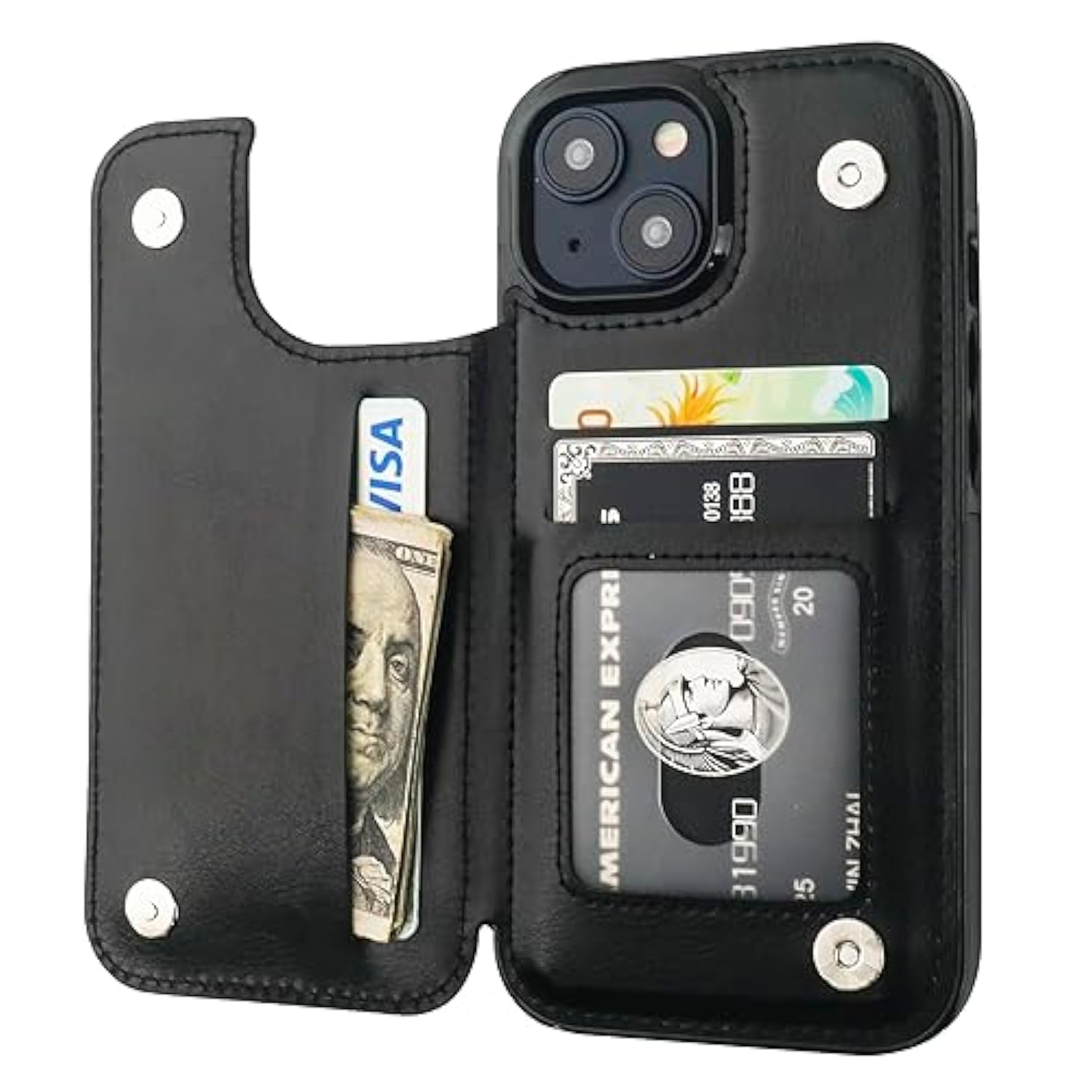 Onetop Compatible With Iphone 15 Wallet Case With Card Holder, Pu Leather Kickstand Card Slots Case, Double Magnetic Clasp And Durable Shockproof Cover 6.1 Inch (Black)