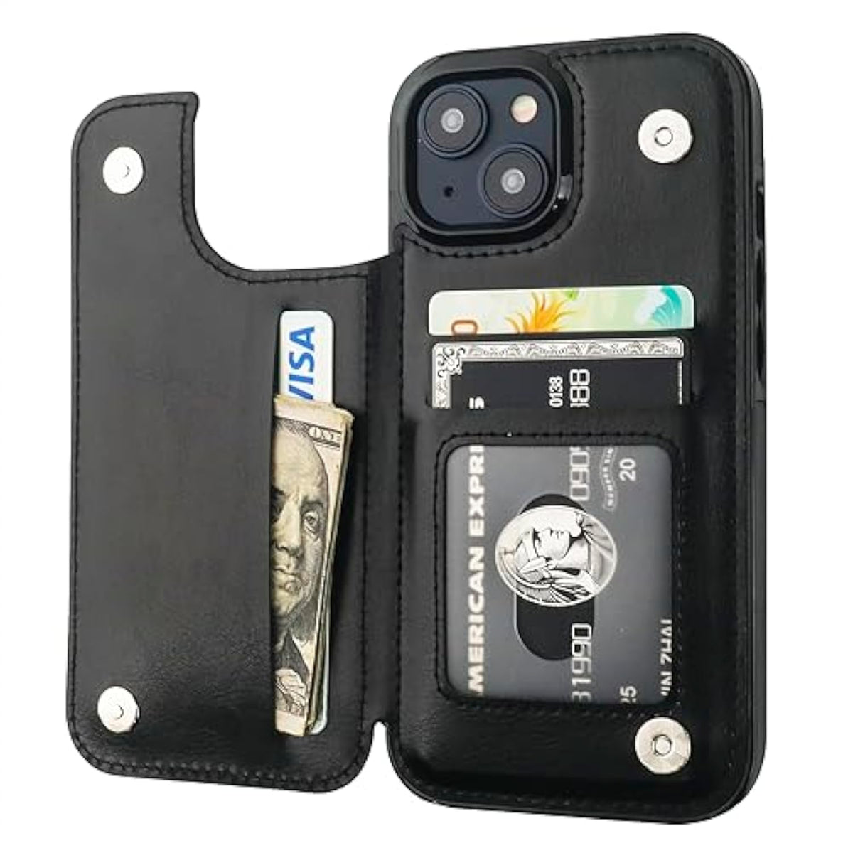 Onetop Compatible With Iphone 15 Wallet Case With Card Holder, Pu Leather Kickstand Card Slots Case, Double Magnetic Clasp And Durable Shockproof Cover 6.1 Inch (Black)