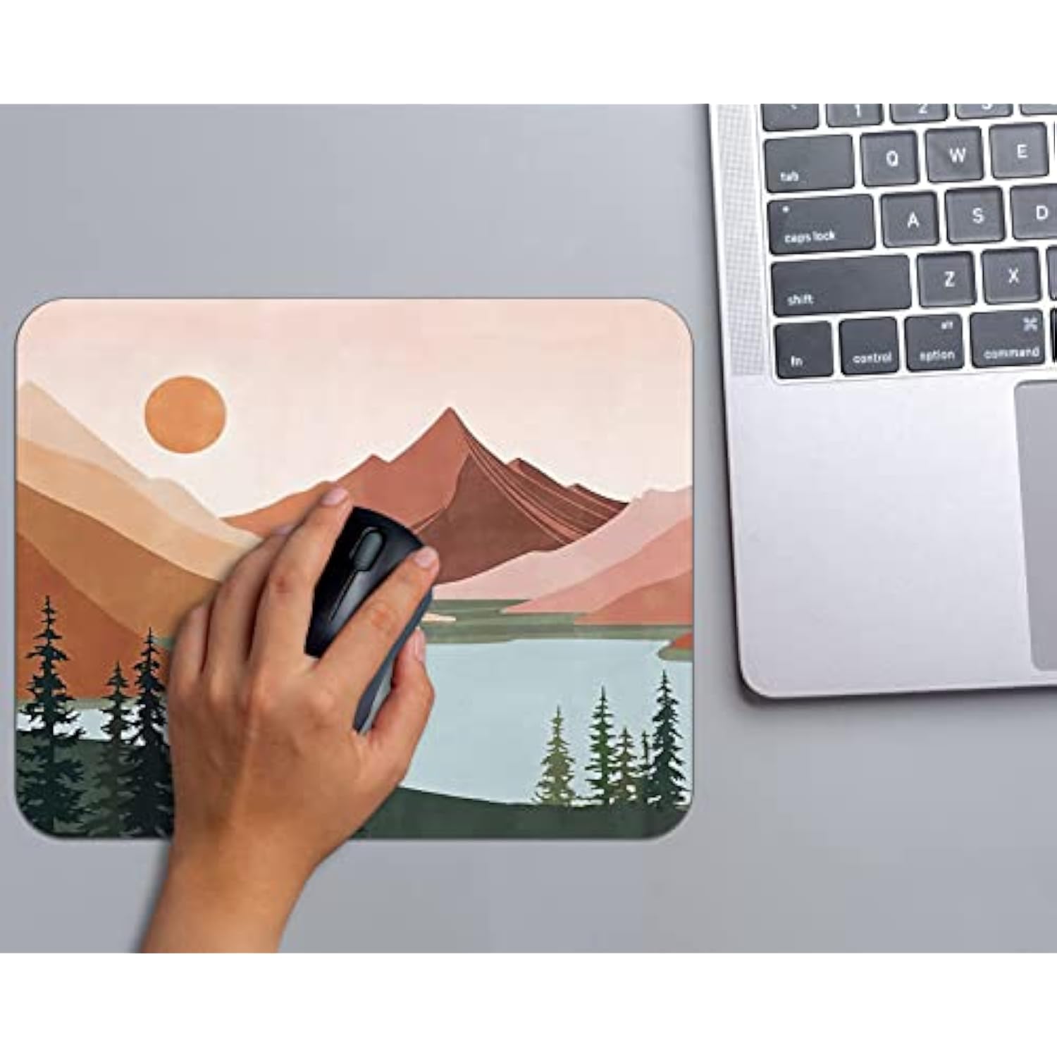 Abstract Boho Sun Mountain Forest Lake Nature Landscape Mousepad 9.5×7.9 Inch Non-Slip Rubber Base Square Mouse Pads For Computers Laptop Office Home Dorm Desk Decor,Boho Gifts For Women Girls