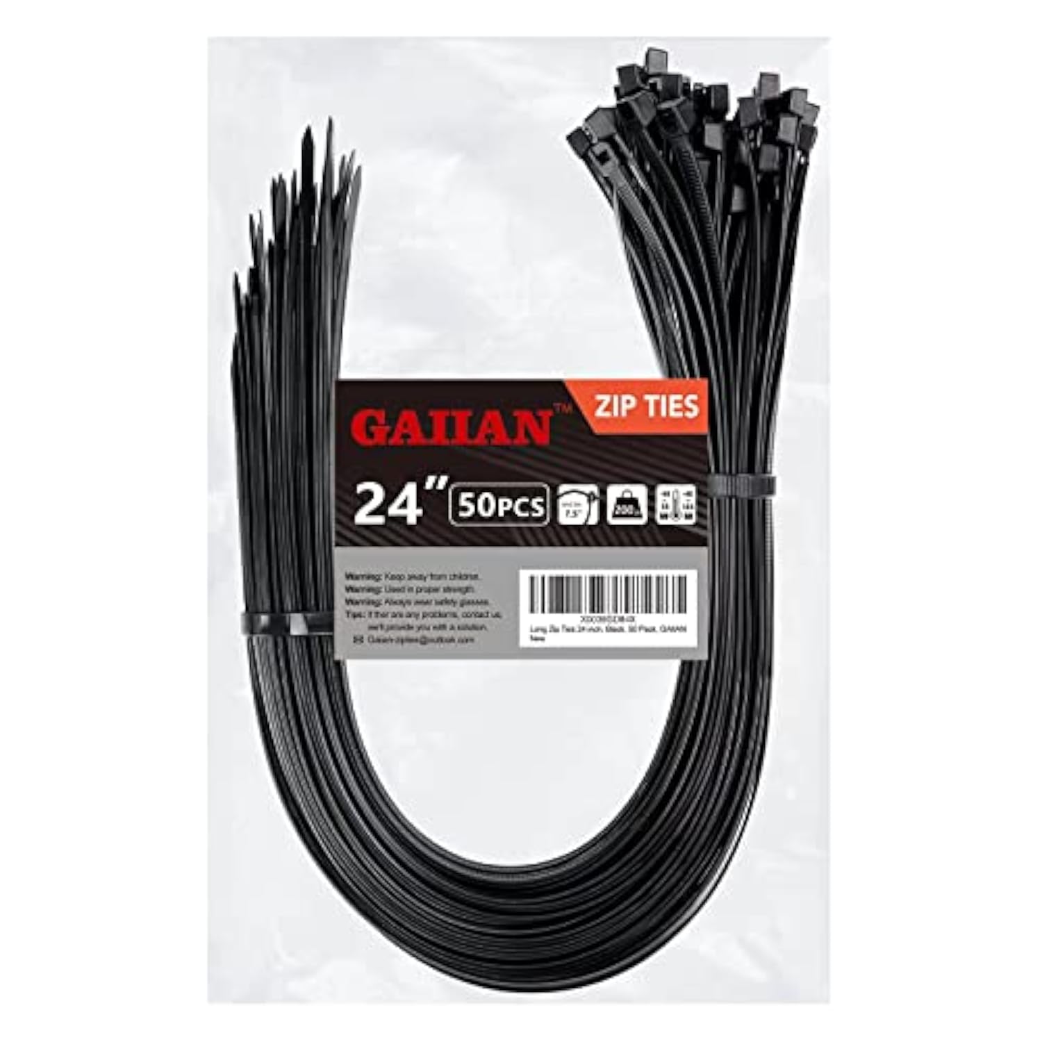 Long Zip Ties Heavy Duty 24 Inch, Large Zip Ties With 200 Lbs Tensile Strength, Big Cable Ties, Black, 50 Pack, By