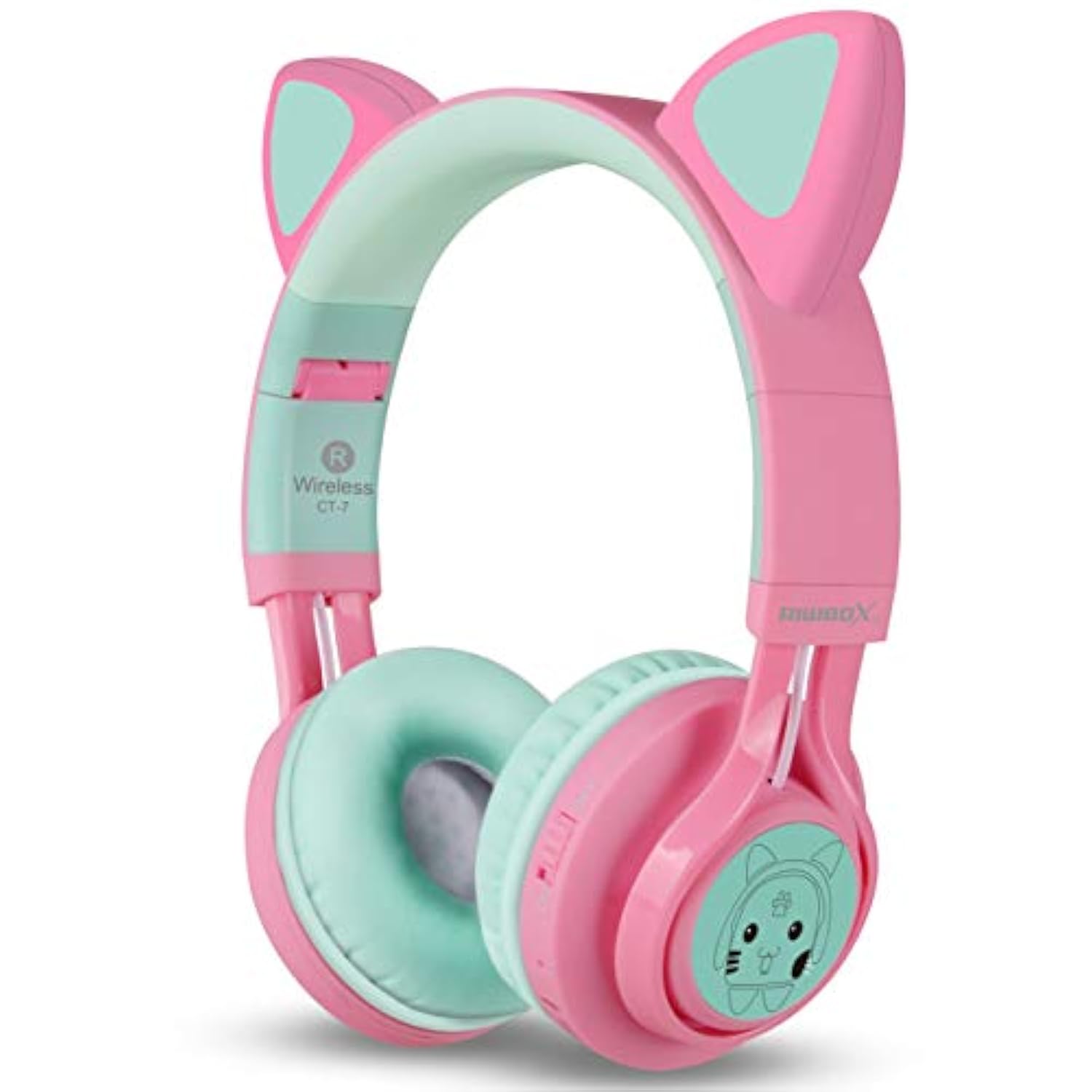 CT-7 Kids Bluetooth Cat Ear Headphones LED Mic Volume Control Pink & Green