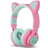 CT-7 Kids Bluetooth Cat Ear Headphones LED Mic Volume Control Pink & Green