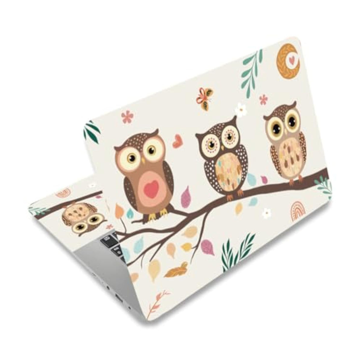 Cute Owl On The Branch Laptop Skin Sticker Decals Universal Vinyl Reusable Notebook Flower Leaves Decal Watercolor Bohemian Flower Leaves Protector Cover For 12" 13" 13.3" 14" 15 Inch Laptop