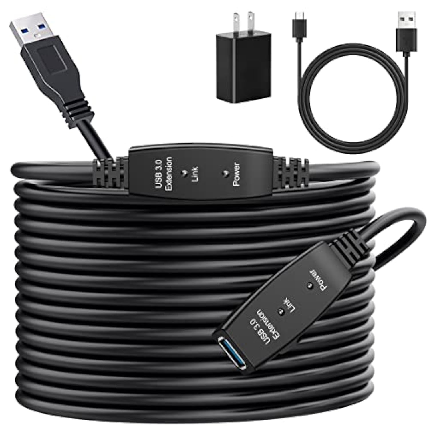 Usb 3.0 Extension Cable 50Ft, 50 Feet Active Usb Extension Cable 3.0 Male To Female With 2 Chipsets Signal Booster, Usb 3.0 Extension Cord With 5V2A Power Adapter For Vr,Ps4,Printer,Webcam Xbox