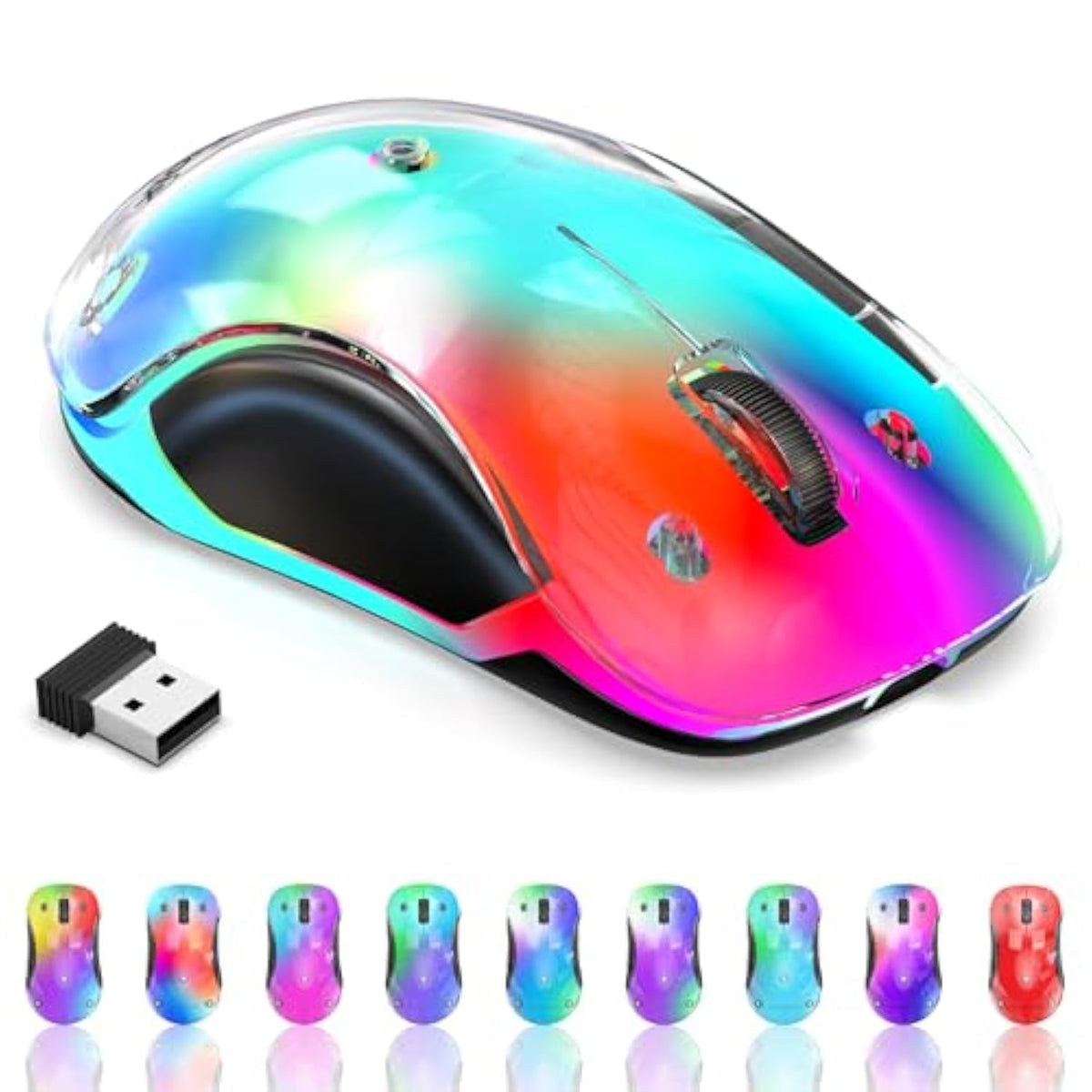 2.4G Wireless Mouse With Customizable Cover & 9-Color Led - Rechargeable Ergonomic, 1200 Dpi, 5 Buttons, Usb Receiver For Pc/Mac - White