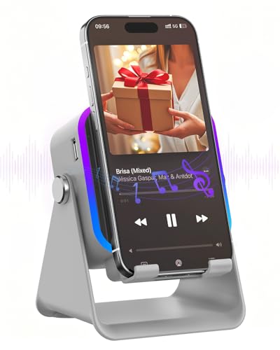 Induction Speaker with Phone Stand, Place & Play, 5-in-1 Wireless Bluetooth Speaker with RGB Light, Adjustable Desk Phone Holder with Emergency
