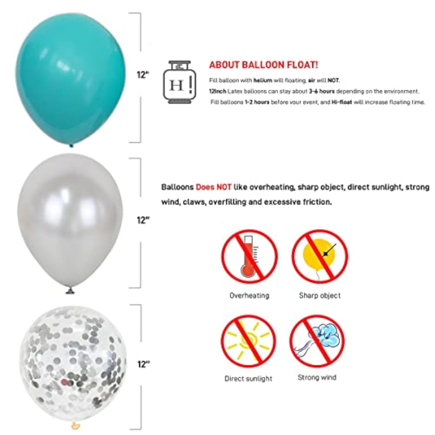 60 Pack 12 Inch Teal Blue Silver Balloons Sequins Confetti Balloon Gar