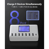8-Port Usb Charger Station, 60W/12A Multi Port Usb C Hub With Lcd Display For Multiple Devices, Compact Desktop Charging For Iphone, Ipad, Samsung, Android Tablet