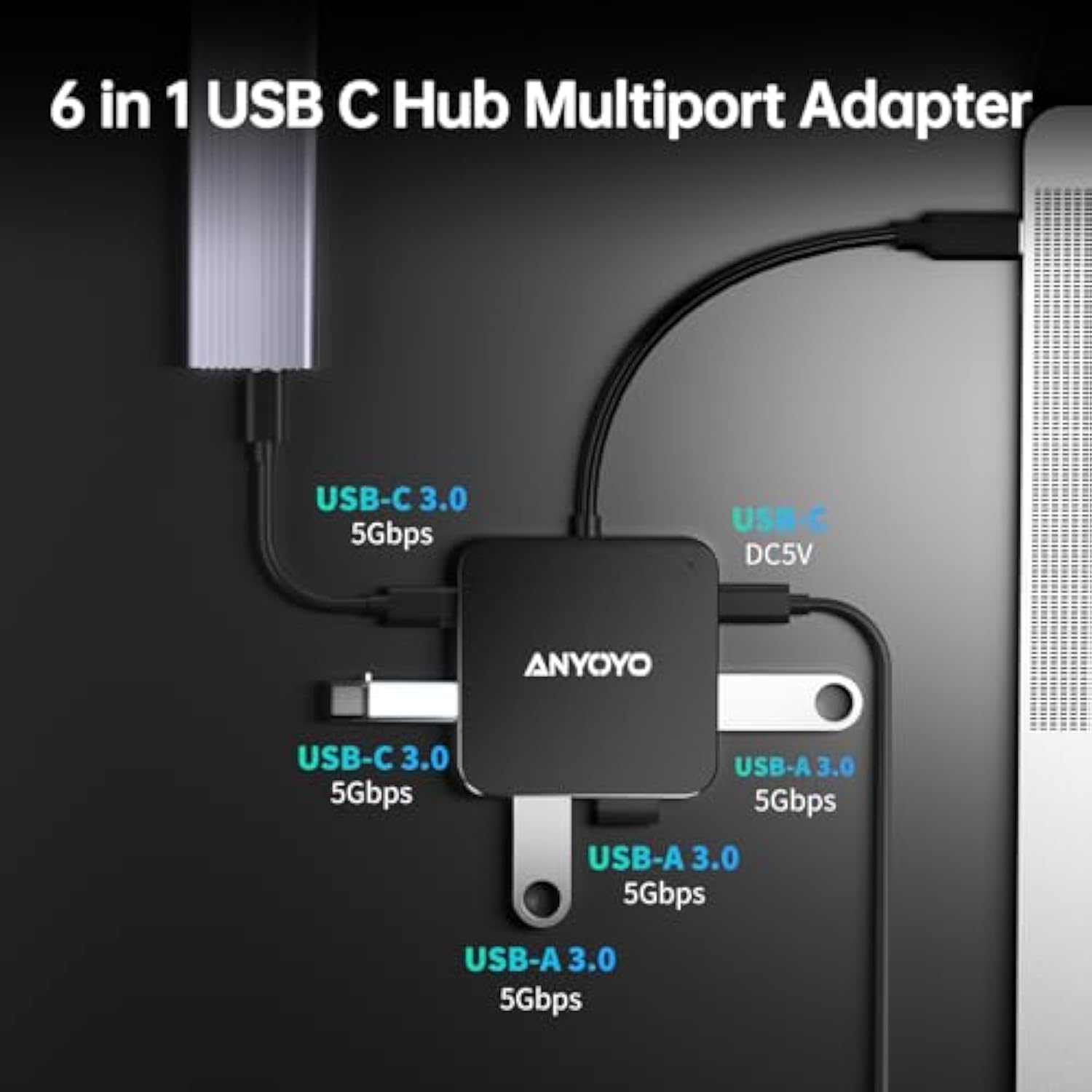 6 In 1 Adapter With 4K 30Hz Hdmi, 100W Pd, 3 Usb A 3.0, 1 Usb C For Macbook Pr
