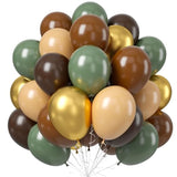 60 Pcs Sage Green, Gold, Brown Latex Balloons - Woodland Camo Army Olive Green, Dark Brown, Coffee Nude Gold Party Balloons For Jungle Safari Woodland Hunting Birthday Decorations