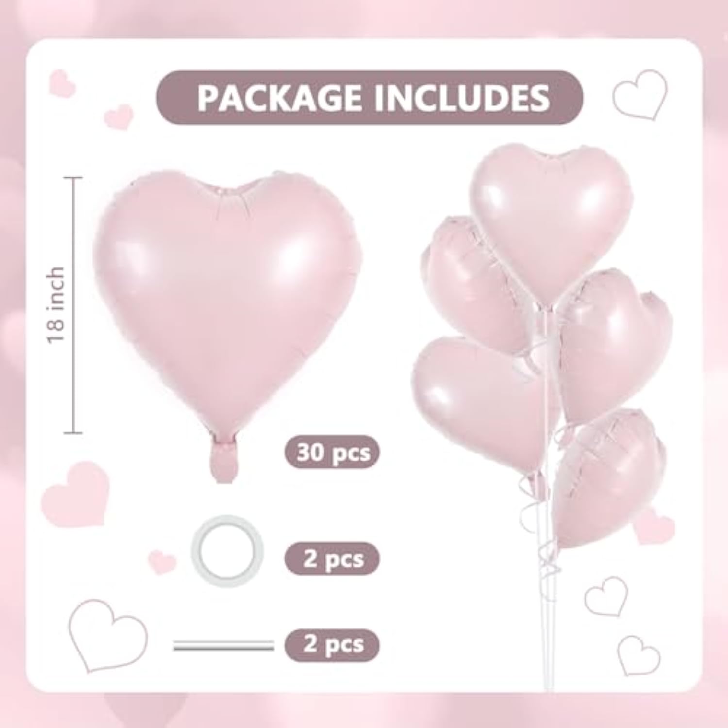 30Pcs 18 Inch Baby Pink Heart Balloons Pastel Pink Heart Shape Foil Mylar Balloons Decoration For Birthday Valentine'S Day Wedding Bridal Shower Anniversary Engagement Party Supplies