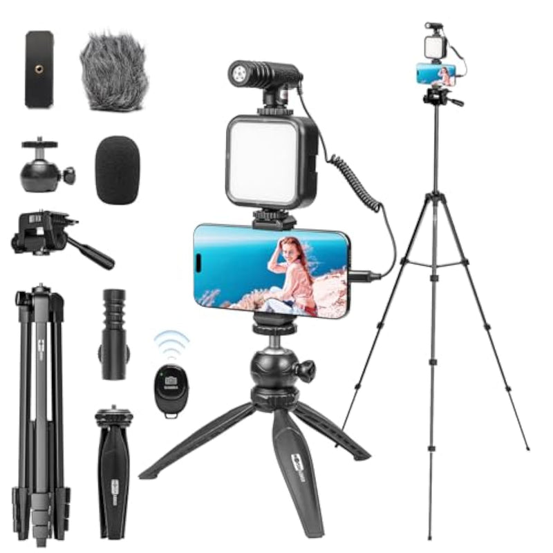 Vlogging Kit For Iphone Youtuber Starter Kit Content Creator Equipment For Iphone 16/15Pro Max With 59'' Extendable Fullsize Tripod, Led Light,Shotgun Mic Video Recording(Vlog K4)
