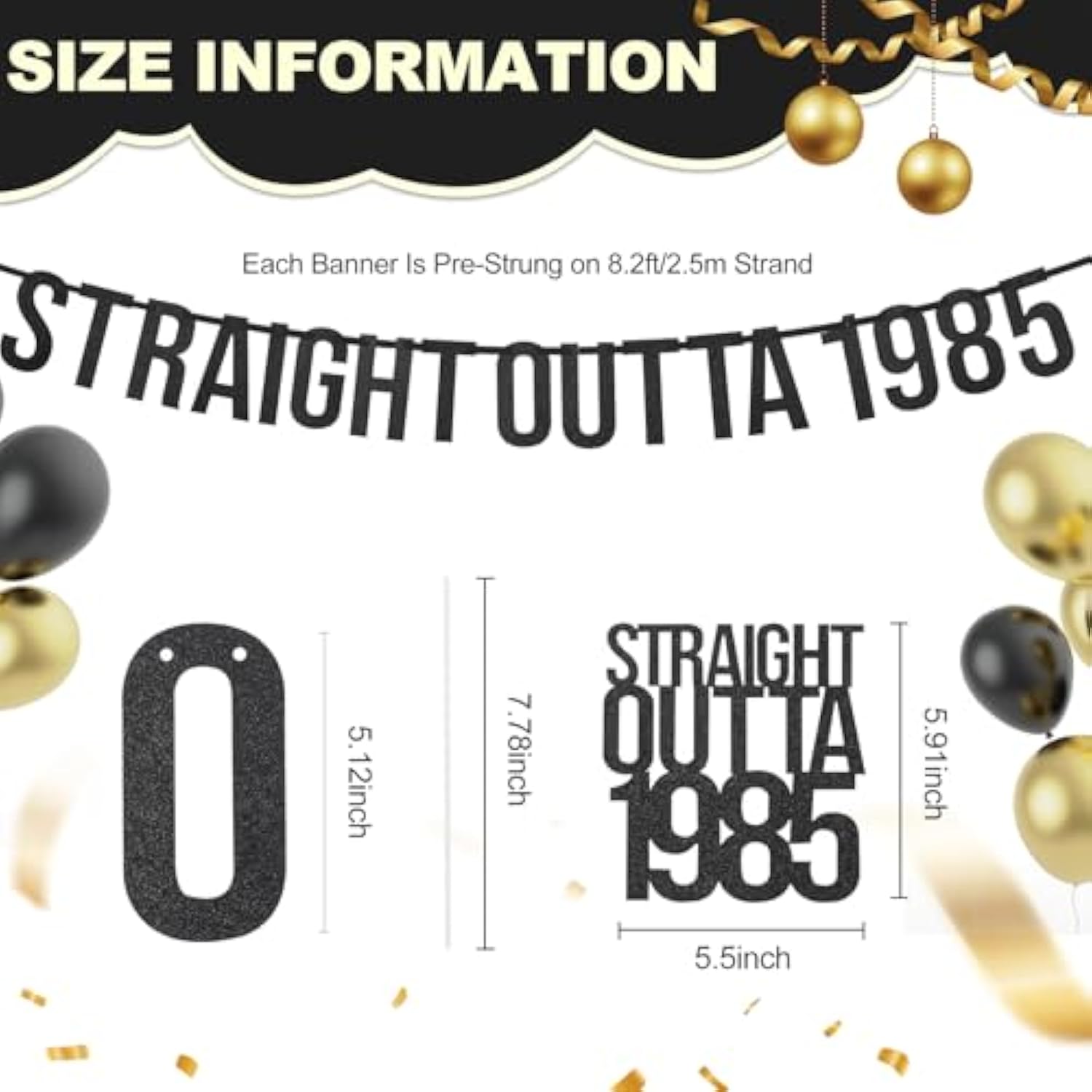 40th Birthday Decoration Straight Outta 1985 Banner and Cake Topper Black