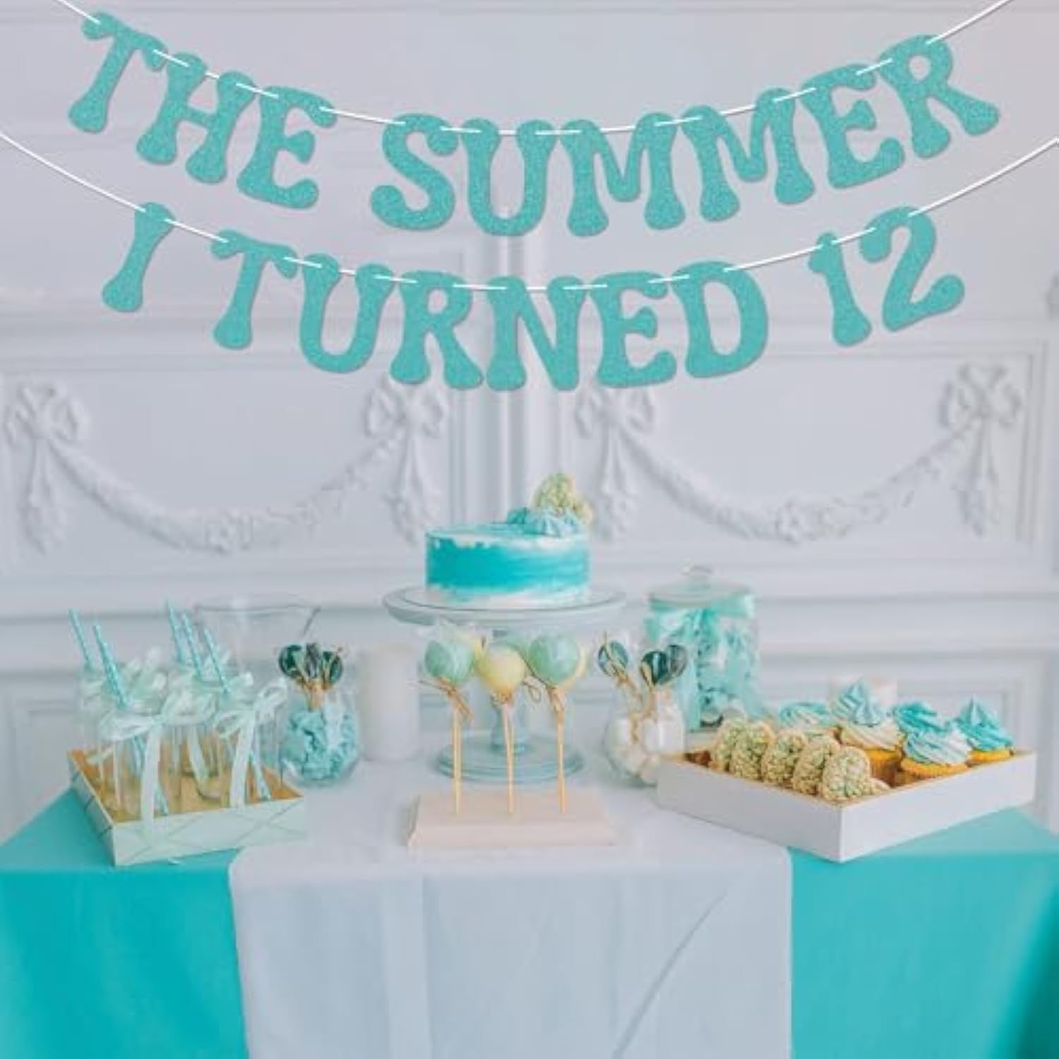 Summer I Turned 12 Banner, Blue Glitter Teen Boy 12th Birthday & Beach Decor