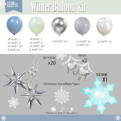 Winter Wonderland decorations with Dusty Blue Green Silver Gray Balloon arch & Foil Star balloons Artificial Snowflakes for baby its cold outside birthday Christmas new year eve party decorations
