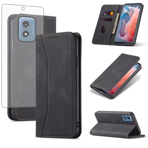 Flip Wallet Phone Case for Motorola Moto G Play 4G 2024 with Tempered Glass Screen Protector Magnetic Closure Folio Cover Credit Card Holder Slot