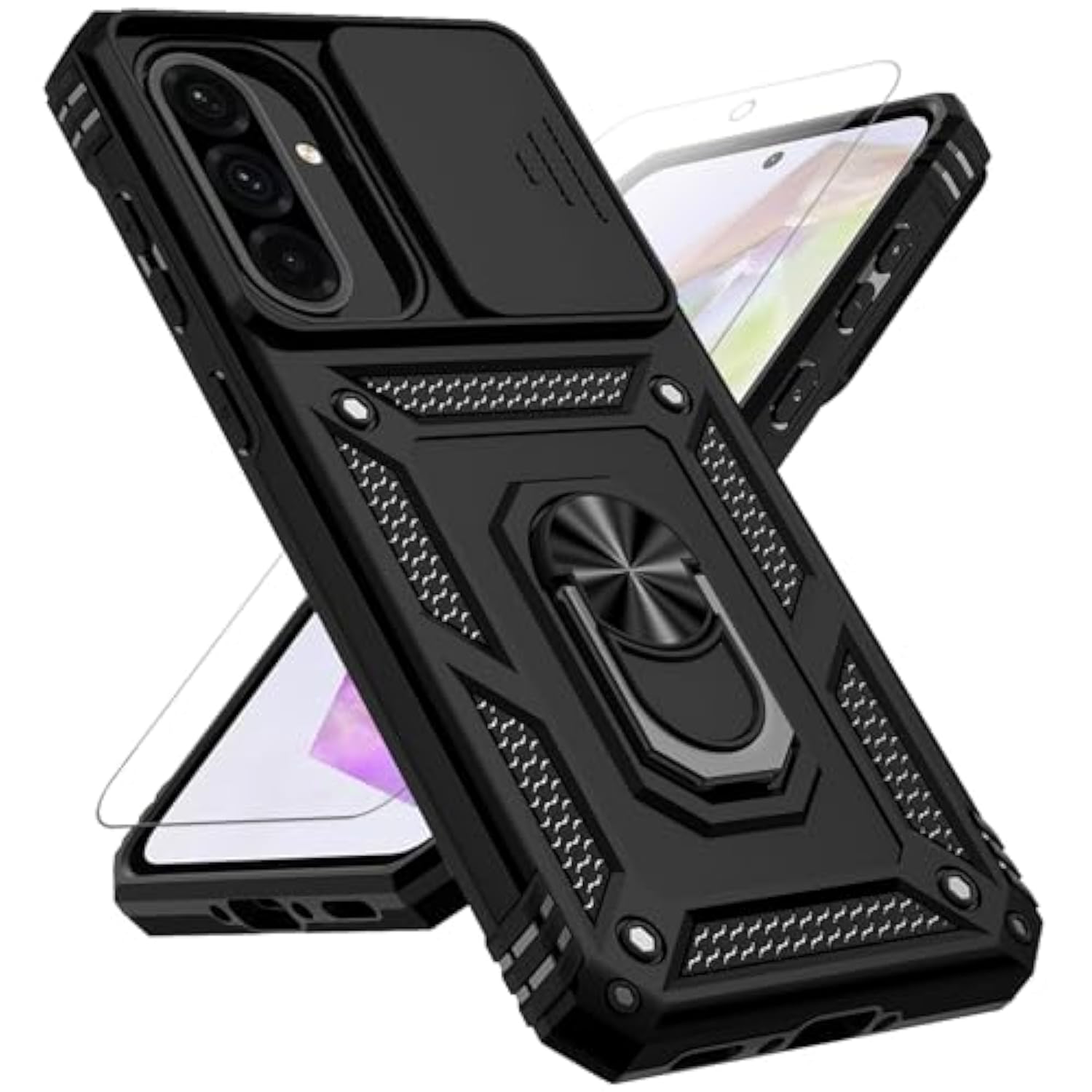 For Samsung Galaxy A36 5G Case With Slide Camera Cover Hd Screen Protector [Military Grade 16Ft. Drop Tested] Magnetic Ring Holder Kickstand Protective Phone Case For Galaxy A36 5G 2025, Black