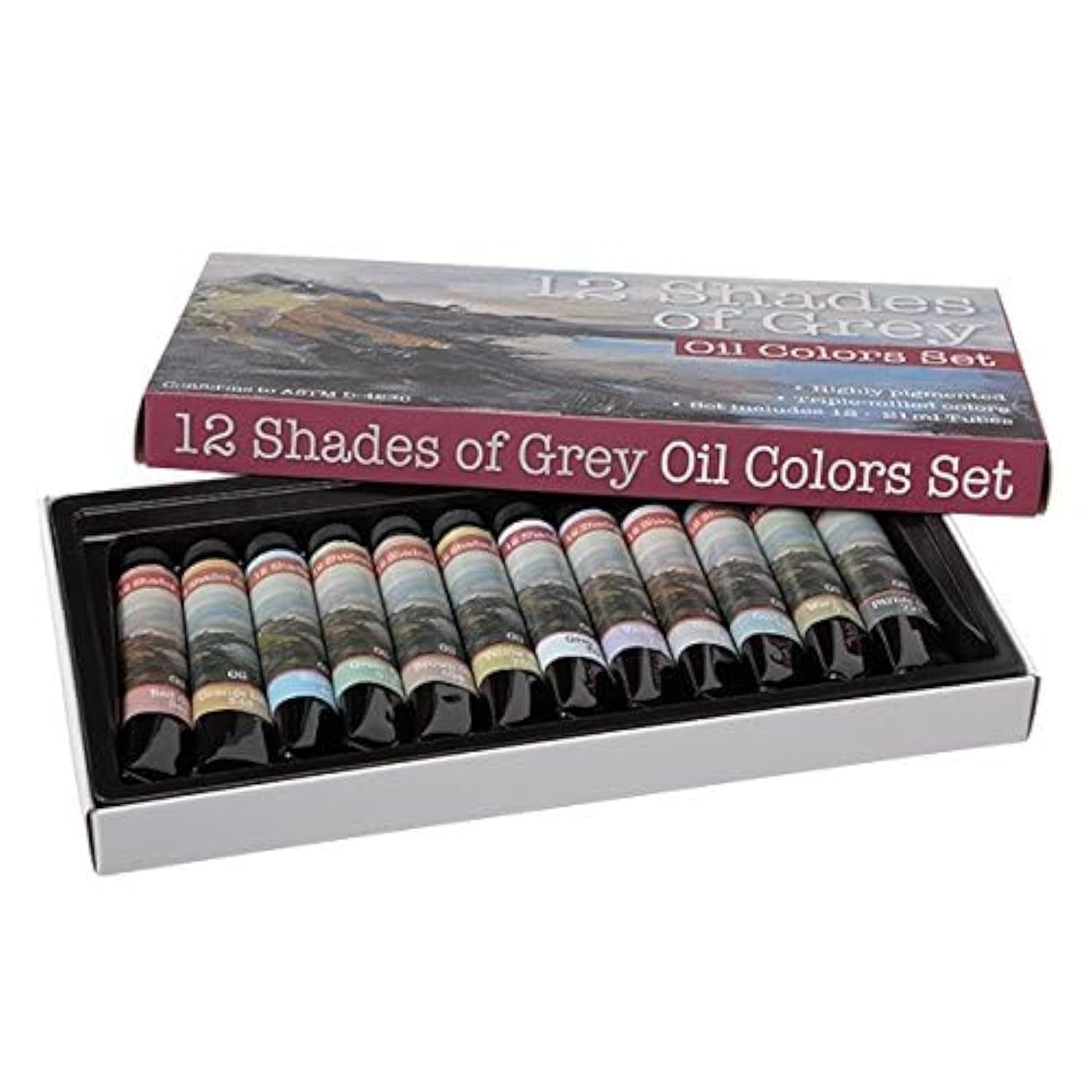 Artist Oil Colors, Set Of 12, 21Ml Tubes, Assorted, Highly Pigmented Triple Milled Rich Subtle Greys From The Tube