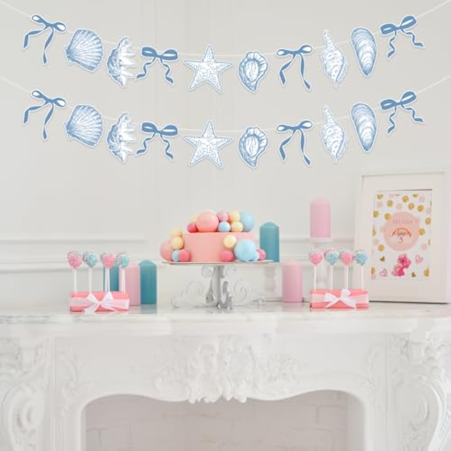 2Pcs Blue Bow Starfish And Shell Banner, Beach Bachelorette Party Decorations Seashell Party Decor, Exquisite & Beautiful Hanging Garland Decorations For Summer Birthdays Weddings