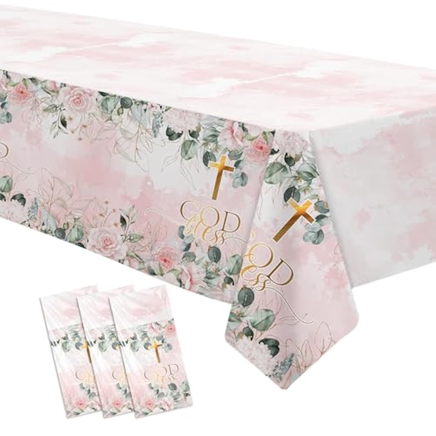 God Bless Baptism Decorations Tablecloth Girls - First Communion Decorations Party Table Cover, Pink Christening Celebration Baby Shower Religious Table Cloth, 3 Pack (54In X 108In)