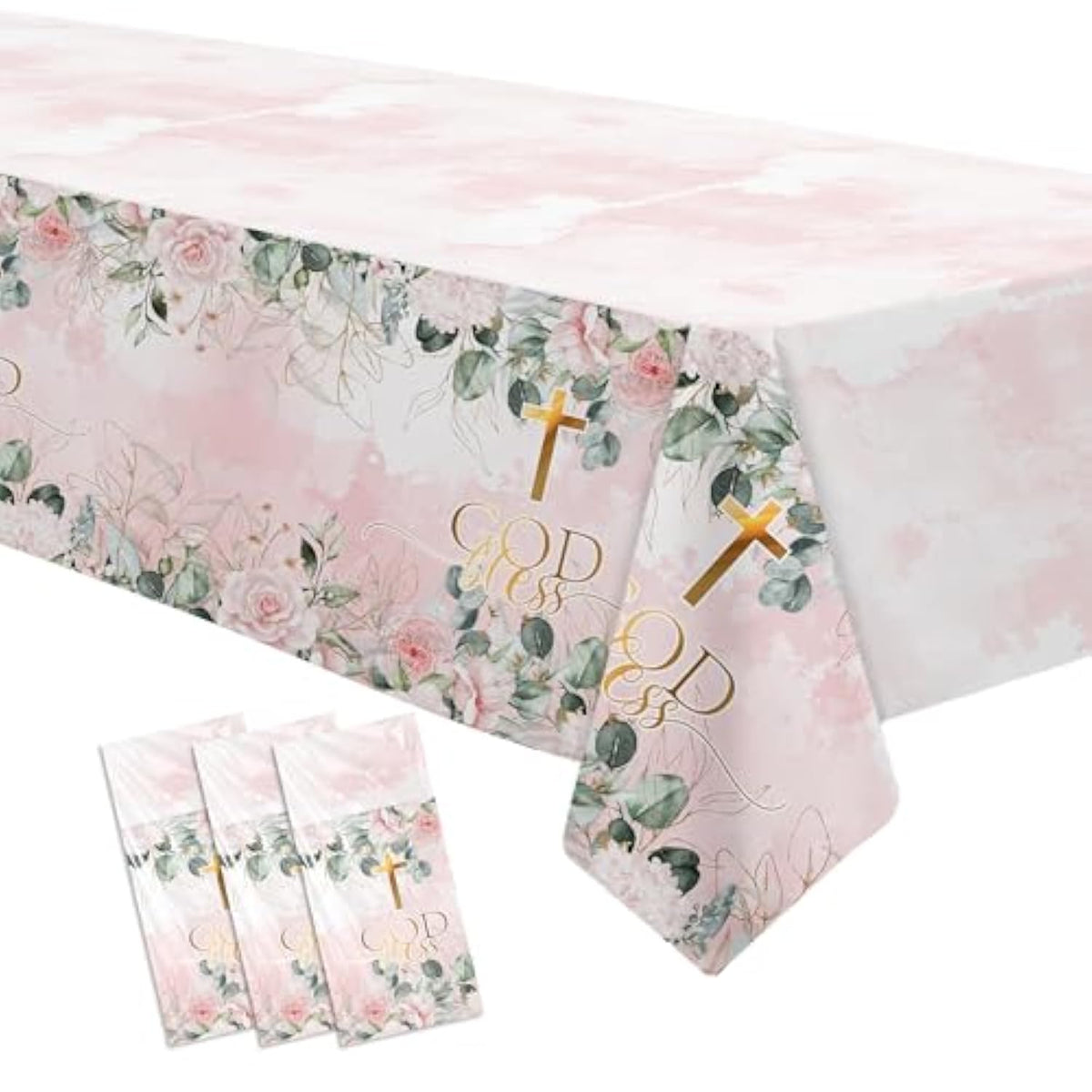 God Bless Baptism Decorations Tablecloth Girls - First Communion Decorations Party Table Cover, Pink Christening Celebration Baby Shower Religious Table Cloth, 3 Pack (54In X 108In)