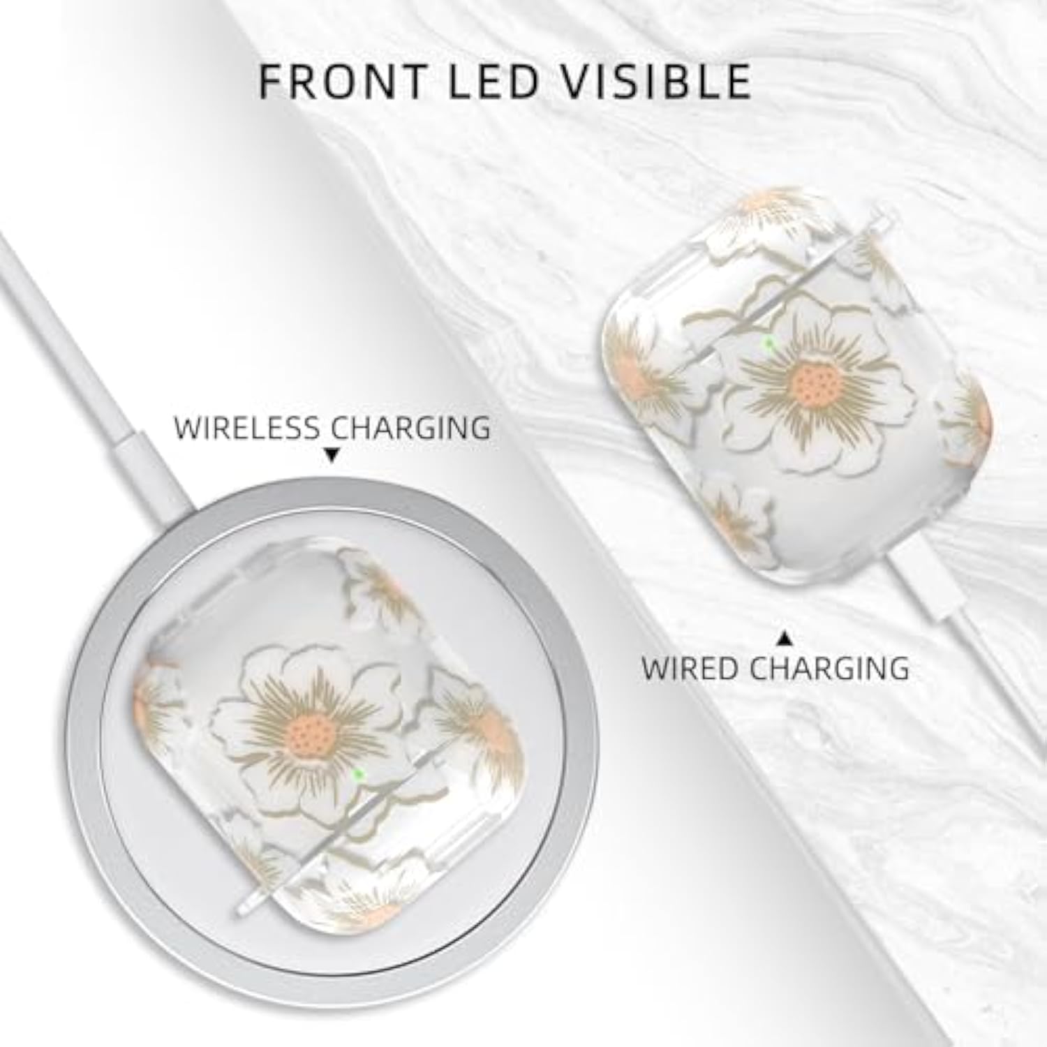 Compatible With Airpods Case Cover, Soft Tpu Case With Cute Flower Pattern For Airpods 2&1 Generation Case With Flower Keychain And Carabiner For Girls Women (White)