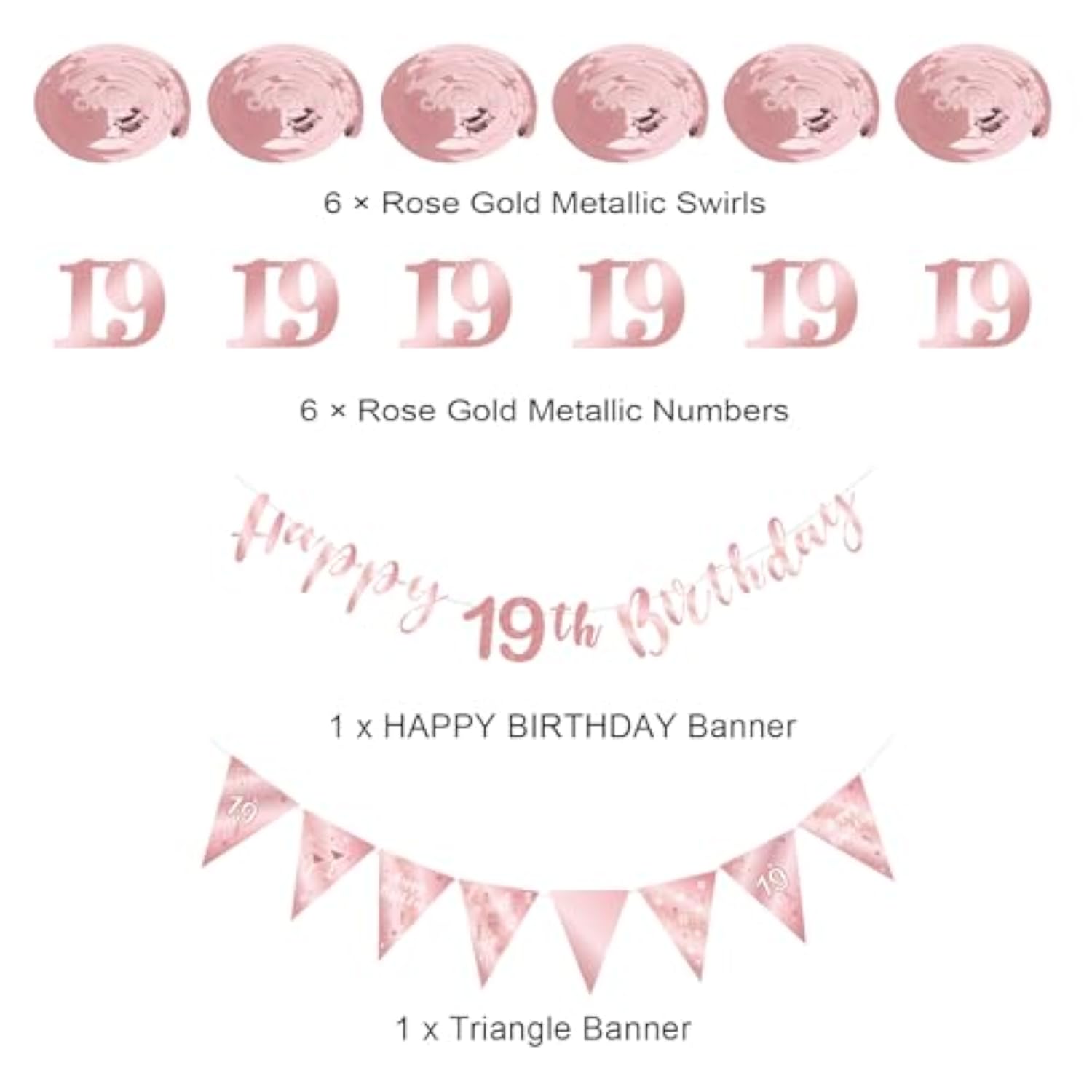 19Th Birthday Decoration Kit, Happy 19Th Birthday Banner Bunting Swirls Streamers, Triangle Flag Banner For Birthday Party Decorations Supplies Rose Gold 19Th