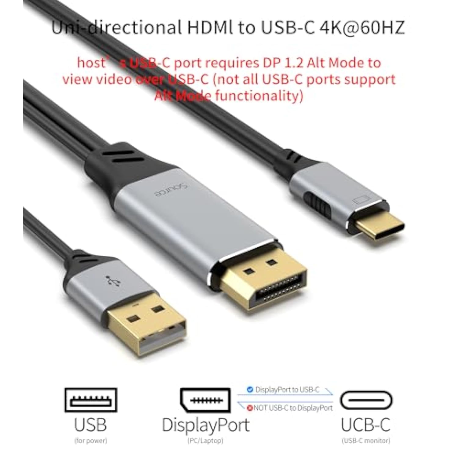 Displayport To Usb C Cable, 4K@60Hz Display Port To Usbc 6.6Ft, Dp 1.2 Male To Type-C Male Converter For Usb-C Touchable Portable Monitor, Compatible For Macbook Pro/Air, Imac