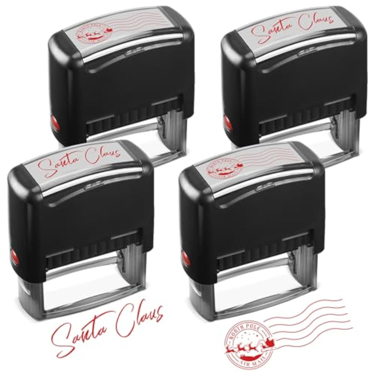 4 Pcs Santa Claus Signature Stamp North Pole Reindeer Self Inking Rubber Stamp With Ink, Christmas Gift Tag For Kids Adults Office School Home Party(Red)