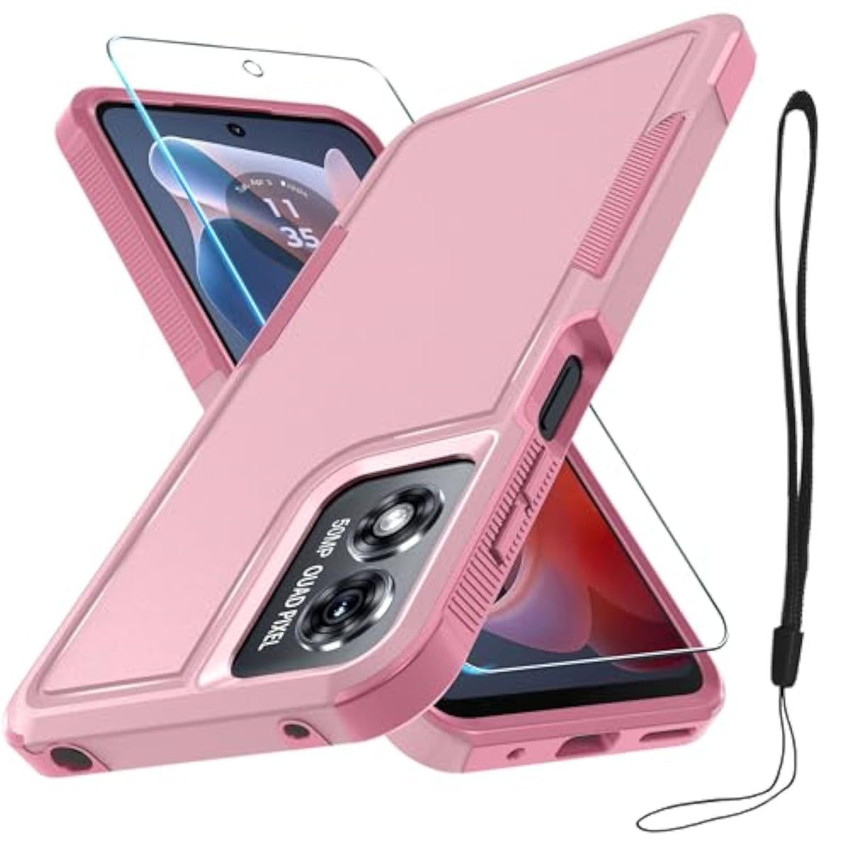 Case Compatible With Moto G Play 2024, Full Body Heavy Duty Rugged Shockproof Protective Phone Cover With Lanyard Strap,Tempered Glass Screen Protector,Cute Pink
