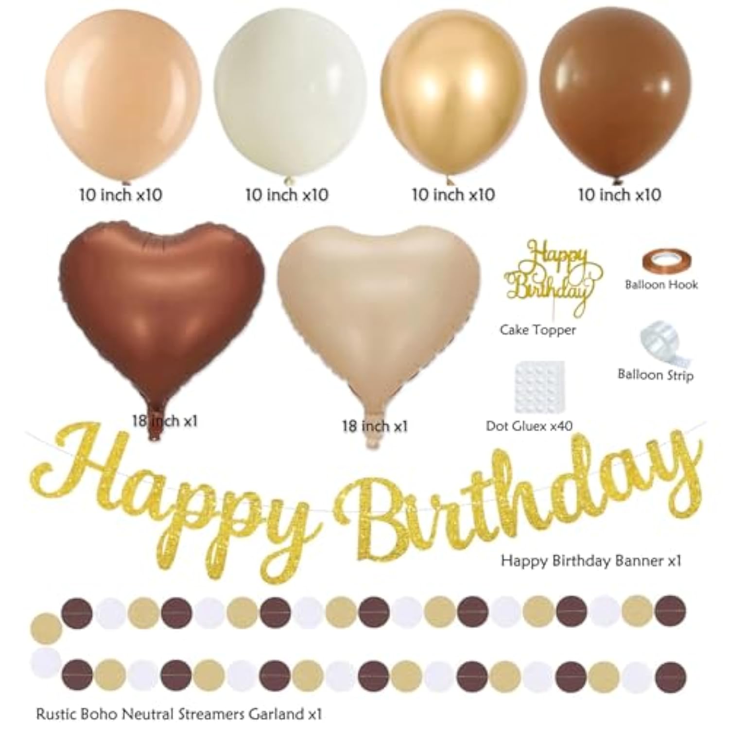 62pcs Boho Brown White Birthday Decorations with Banner Lanterns & Pom Poms