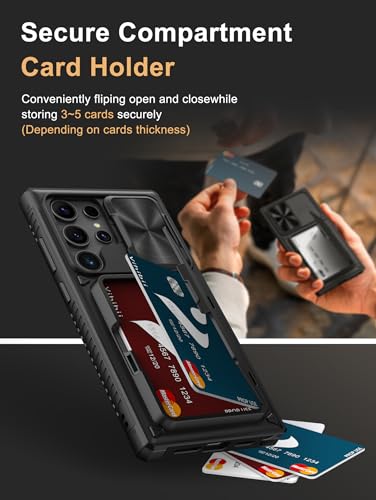 for  Galaxy S24 Ultra Case with Card Holder (4 Cards), Built-in 2X Privacy Screen Protector & Slide Camera Cover & Kickstand, Rugged &