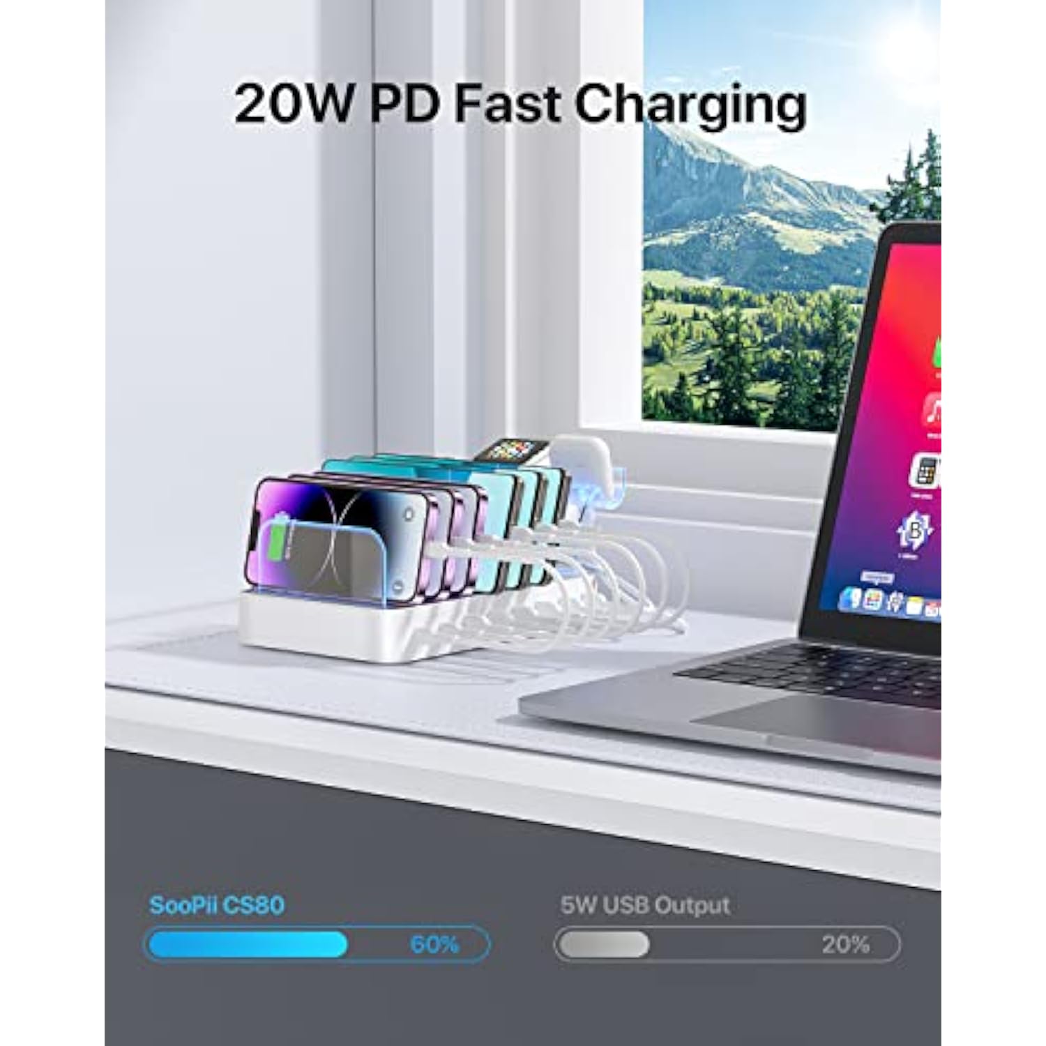 8-Port Usb-C Charging Station For Multiple Devices, With 1 Pd 20W Port Supports Fast Charging, 8Pcs Mixed Charging Cables And 1Pcs Upgraded Holder For Lwatch Charger & Air-Pods, White