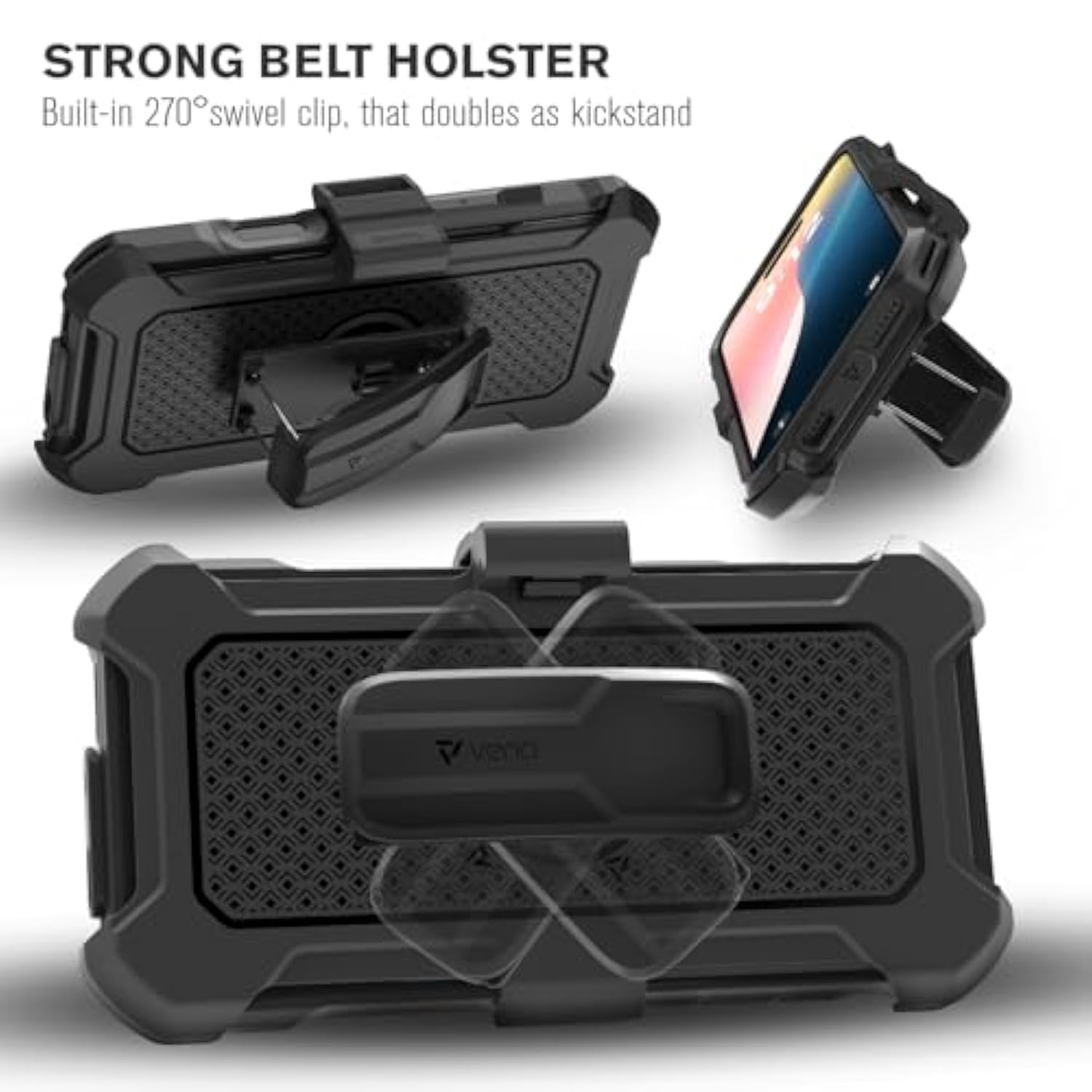 VENA vArmor for iPhone 16 Pro Max Rugged Case with Belt Clip Holster [Military Grade Drop Protection] [Works with MagSafe] Heavy Duty Tough Protective Cover with Kickstand - Black/Graphite Gray