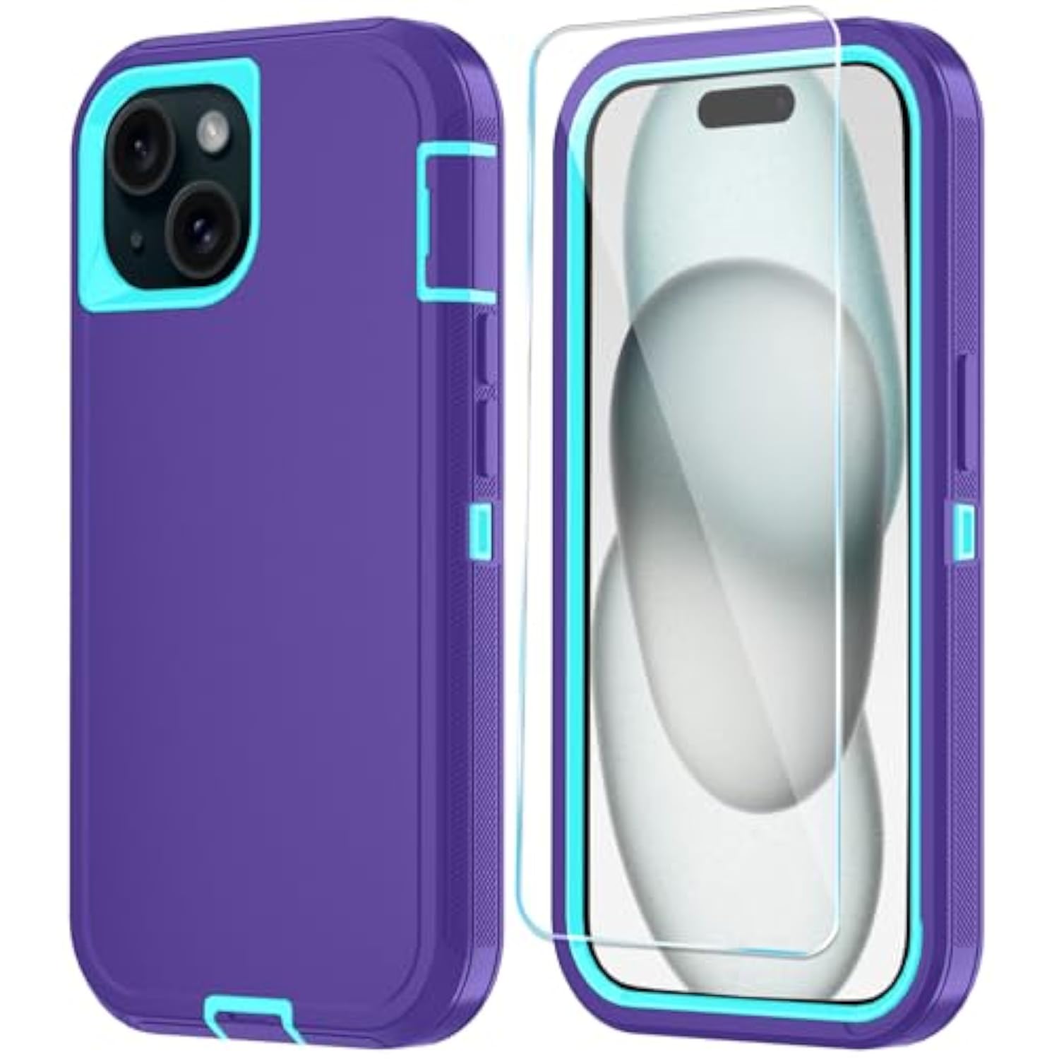Phone Case For Iphone 15 Case With Hd Screen Protector, Heavy Duty Shockproof & Dustproof & Dropproof 3-Layer Cover Phone Case For Iphone 15 (6.1'') (Purpleskyblue)