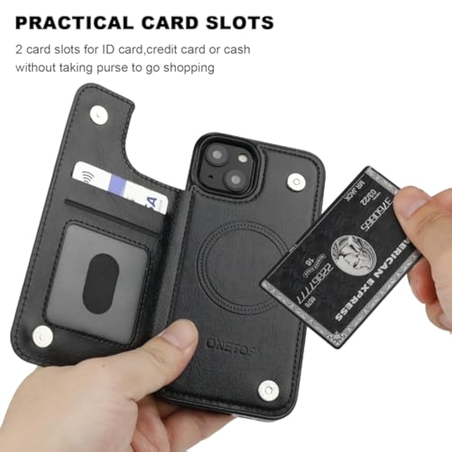 Onetop Compatible With Magsafe For Iphone 14 Wallet Case With Card Holder, Pu Leather Kickstand Rfid Blocking Case, Double Magnetic Clasp And Durable Shockproof Cover 6.1 Inch (Black)