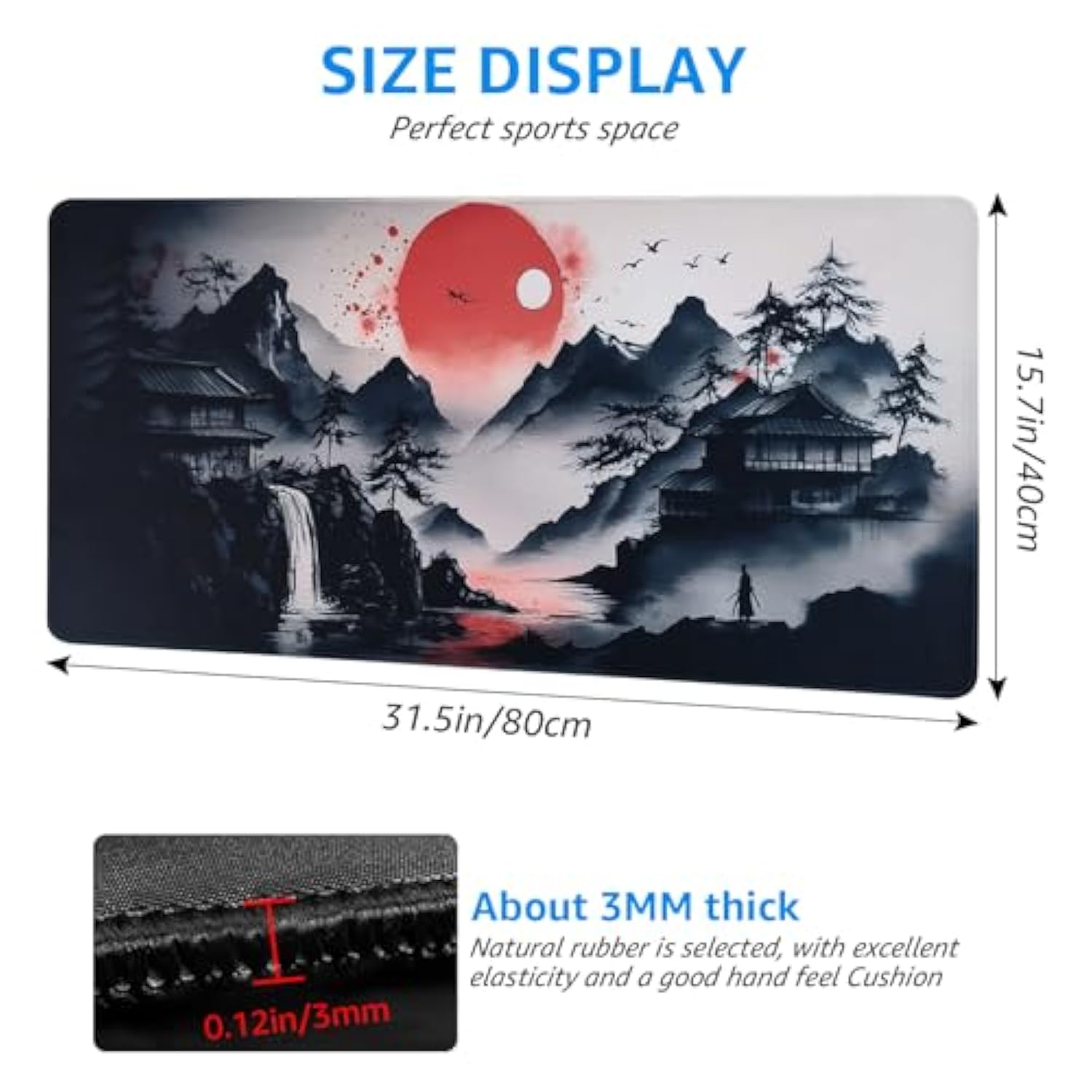 Japanese Art Landscape Extended Gaming Mouse Pad, Large Desk Mat With Non-Slip Base, 31.5 X 15.7 Inches, Red Sun Mountain Design