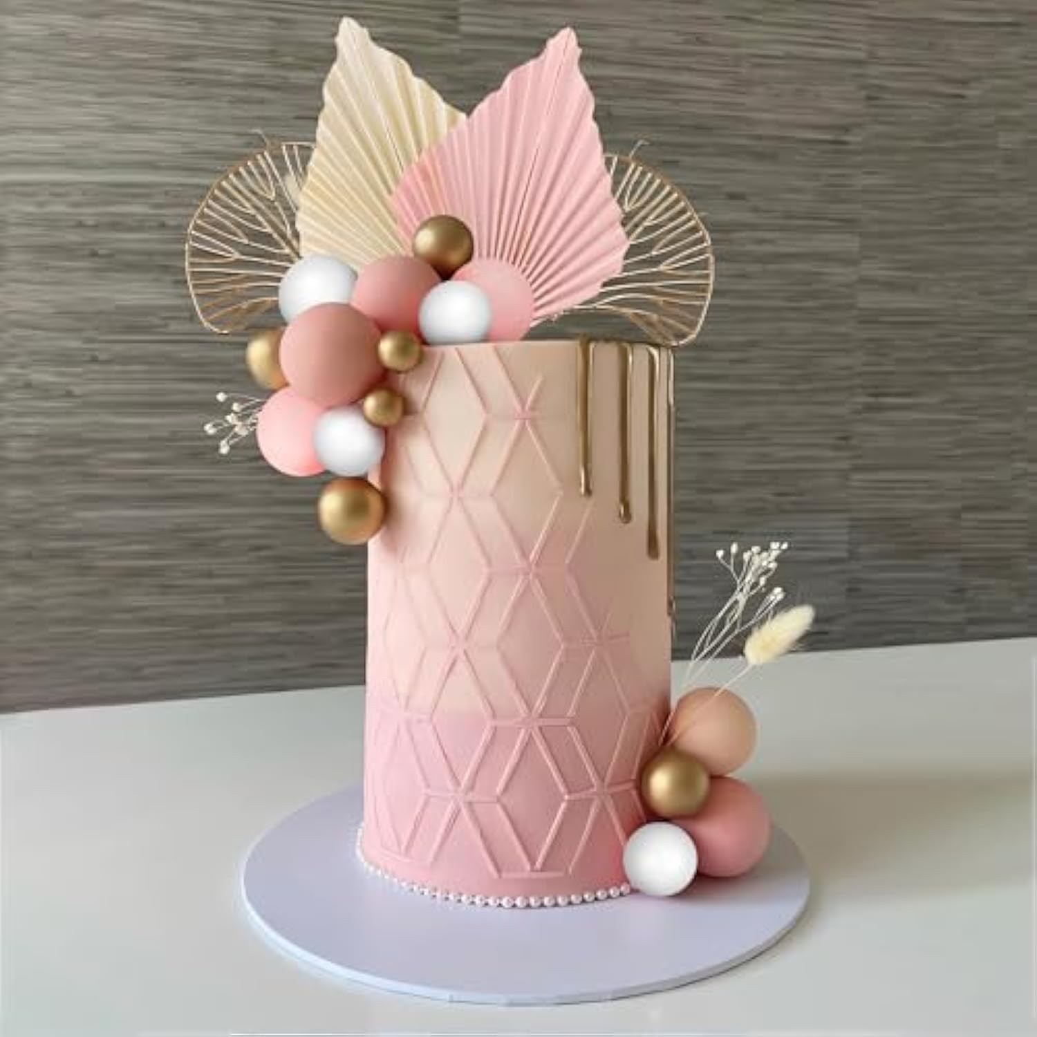 Boho Cake Topper Golden Ginkgo Leaves Cake Decorations With Paper Fans White Gold Balls For Wedding Baby Shower Woman Birthday Boho Themed Party Supplies (Pink)