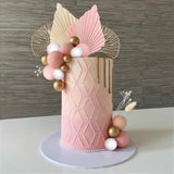 Boho Cake Topper Golden Ginkgo Leaves Cake Decorations With Paper Fans White Gold Balls For Wedding Baby Shower Woman Birthday Boho Themed Party Supplies (Pink)