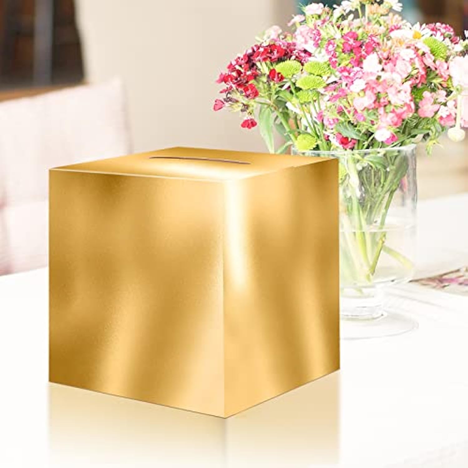 Gold Card Box – 10"X10" Foldable Gift Box With Slit For Weddings, Birthdays, Graduations, Donations, Envelopes, Cards