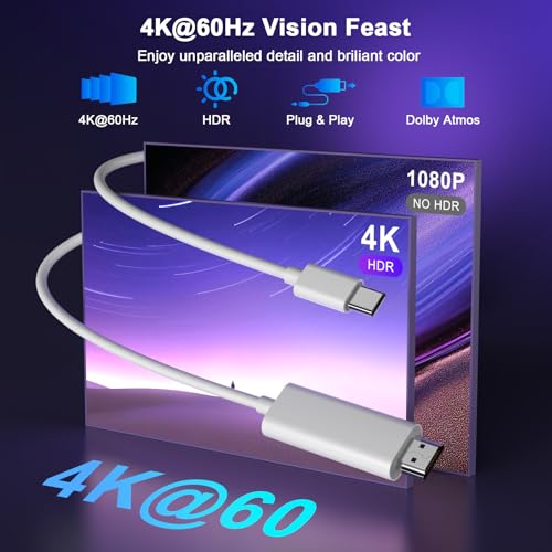 [ MFi Certified] USB C to HDMI Cable Adapter, 4K@60Hz Type C to HDMI Cable 6FT USB-C Digital AV Adapter Sync Screen Connector for iPhone 17 16