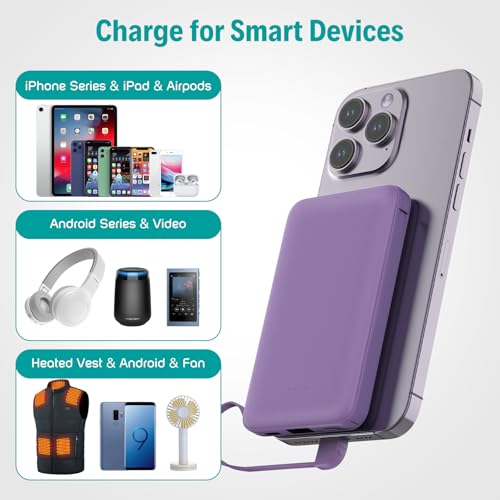 Smallest Portable Charger with Built-in Cables 5000mAh,Ultra Slim Power Bank,Mini High Speed External Battery Packs,Lightweight USB C Phone Charger