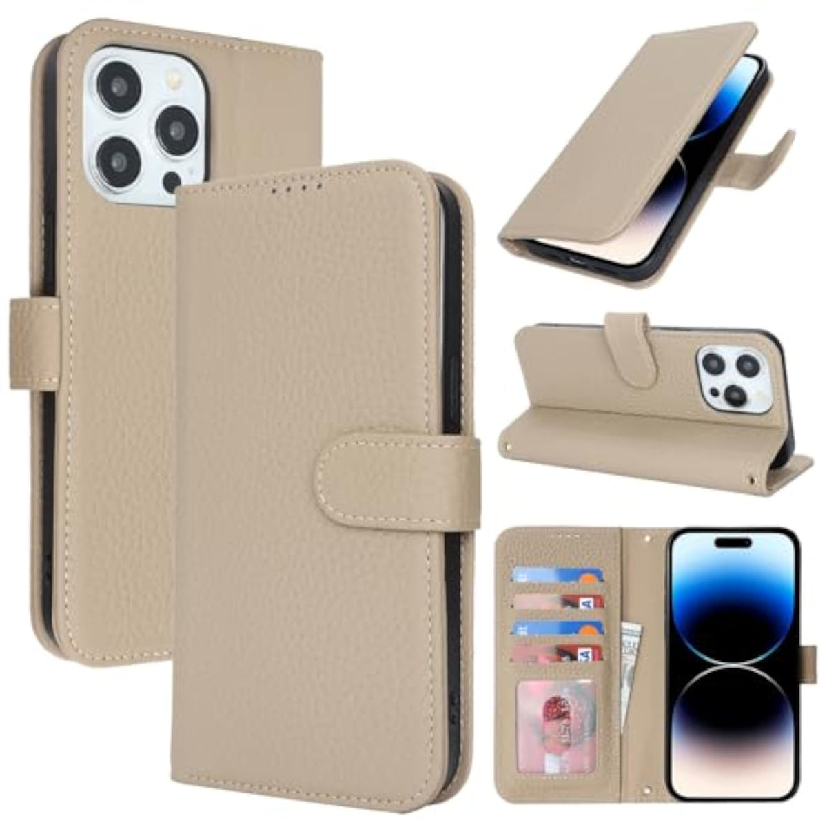 Genuine Leather Wallet Case for iPhone 14 Pro 6.1 Inch, 4 Card Slot, Gray