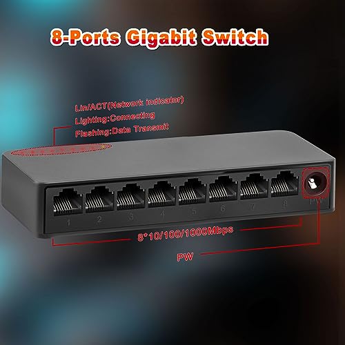 8 Ports Gigabit Ethernet Switch Unmanaged, Network Switch Supported Desktop Or Wall Mount,1000Mbps Ethernet Splitterplug & Play|Fanless Design|Shielded Ports|Traffic Optimization
