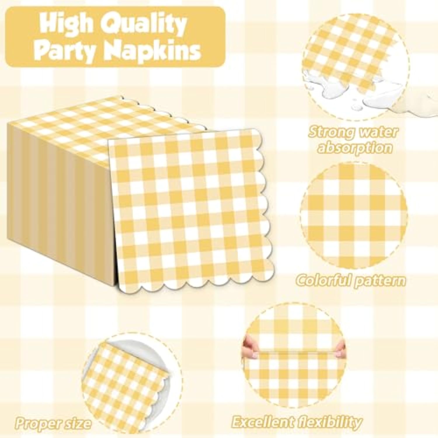 100Pcs 6.5 X 6.5Inch Yellow And White Checkered Scalloped Napkins Disposable Yellow Plaid Paper Napkin Gingham Party Decoration For Birthday Picnic Family Dinner Bbq Wedding Baby Shower Party Supplies