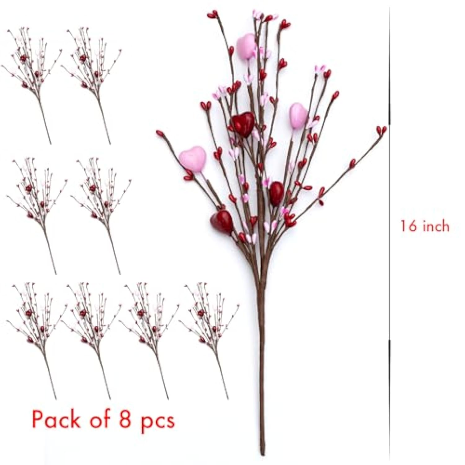 Valentines Day Decorations Floral Picks Stems - 8Pcs,16 Inch Artificial Red Berry Heart Shaped Branches Gift For Wedding Home Vase Decor