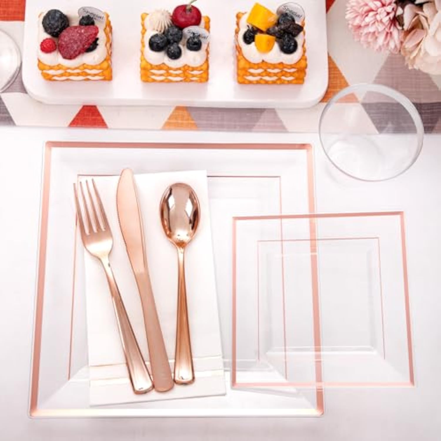 350Pcs Rose Gold Plastic Plates - Clear Rose Gold Disposable Dinnerware Sets For 50Guests Include 100 Plates 50 Cups 50Plastic Cutlery 50Napkins Perfect For Party&Wedding&Mother'S Day