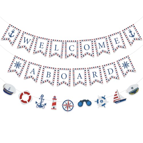 Nautical Party Decorations White Welcome Aboard Banner Ship Anchor Wheel Hanging Banner for Boys Men Sailor Baby Shower Nautical Ocean Beach Cruise Birthday Adventure Party Supplies