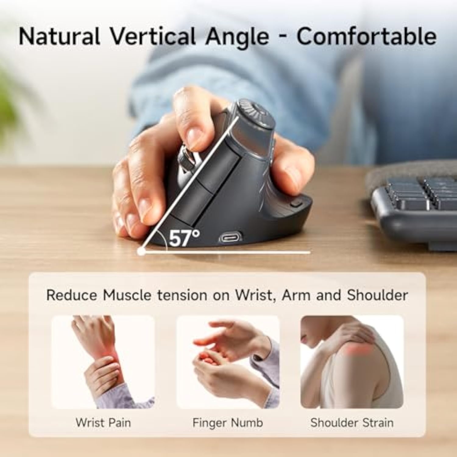 Ergonomic Vertical Mouse With Led Screen, Knob Control, 5 Programmable Buttons, 57° Angle, 4-Device Connect(2.4G /Bluetooth/Wired), 800-2400 Dpi, Rechargeable Mice For Windows, Mac, Laptop, Pc